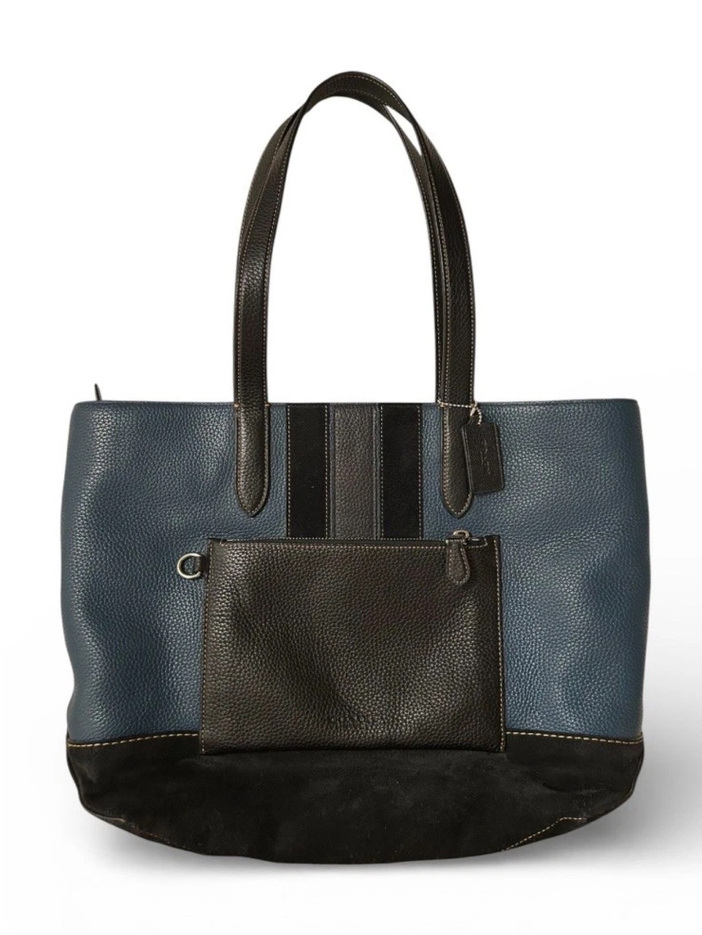 Coach Tote/Shoulder Bag, Black, Blue Leather, Black Suede Metro Varsity Stripe